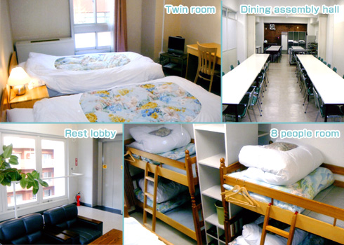Pictures of inside the building (Twin room/Dining assembly hall/Rest lobby/8 people room)